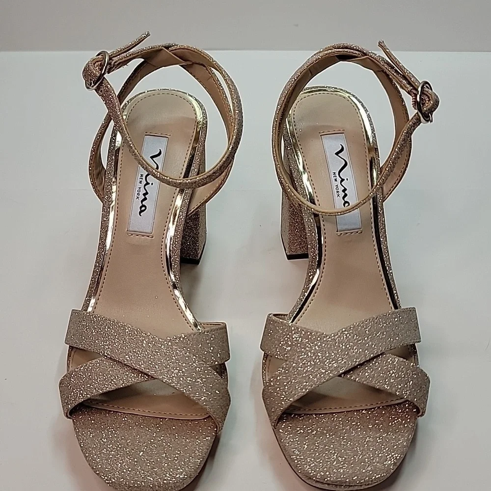 NINA NWOT GLITTER BLOCK HEEL PLATFORM SANDALS SZ 6 SPARKLE